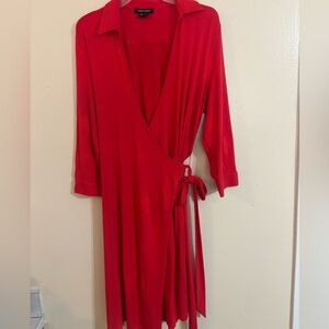 Elegant Red Long Sleeve True Wrap Dress 3/4 Sleeve MIDI